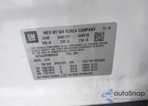 2019 Chevrolet Trax Lt from USA, damaged, VIN KL7CJLSB1KB820229